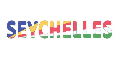 SEYCHELLES adı büyük ve kalın harflerle sergilenmektedir. Her harf Seyşellois bayrağının renkleri ve sembolleriyle dolu..