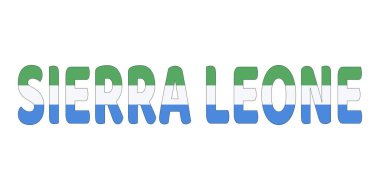 SIERRA LEone adı büyük ve kalın harflerle sergilenmektedir. Her harf Sierra Leonean bayrağının renkleri ve sembolleriyle dolu..