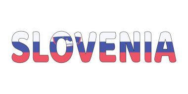Ülke adı SLOVENIA büyük ve kalın harflerle sergilenmektedir. Her harf Slovenya bayrağının renkleri ve sembolleriyle dolu.