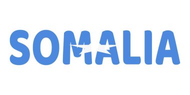 Ülke adı SOMALIA büyük ve kalın harflerle sergilenmektedir. Her harf Somali bayrağının renkleri ve sembolleriyle dolu..