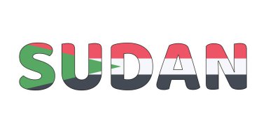 Ülke adı SUDAN büyük ve kalın harflerle sergilenmektedir. Her harf Sudan bayrağının renkleri ve sembolleriyle dolu..