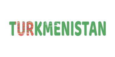 Ülke adı TURKMENISTAN büyük ve kalın harflerle sergilenmektedir. Her harf Türkmenistan bayrağının renkleri ve sembolleriyle dolu..