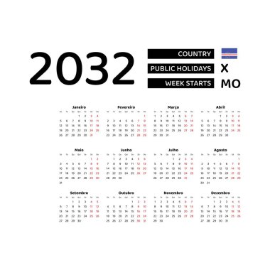 Calendar 2032 Portuguese language with Cape Verde public holidays. Week starts from Monday. Graphic design vector illustration. clipart