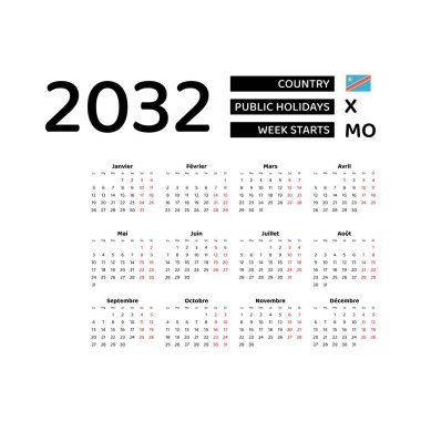 Kongo Demokratik Cumhuriyeti 'nin resmi bayramları ile 2032 sayılı takvim. Hafta pazartesiden itibaren başlıyor. Grafik tasarım vektör çizimi.