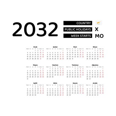 Kıbrıs Rum Kesimi resmi bayramlarıyla 2032 Türk dili takvimi. Hafta pazartesiden itibaren başlıyor. Grafik tasarım vektör çizimi.