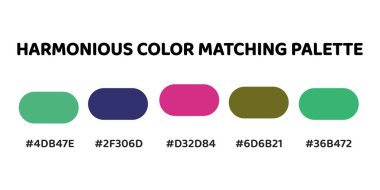 Harmonious color palette with five colors. This palette combines warm and cool tones, balanced and visually appealing aesthetic. Sea Green, Navy Blue, Magenta, Olive Green, Spring Green. 71. clipart