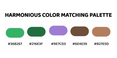 Harmonious color palette with five colors. This palette combines warm and cool tones, balanced and visually appealing aesthetic. Spring Green, Forest Green, Electric Purple, Mahogany, Tan. 98. clipart