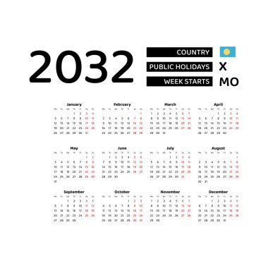 Resim Palau için 2032 takvimini gösteriyor. Takvim İngilizce ve resmi tatilleri içeriyor. Hafta pazartesi başlıyor..
