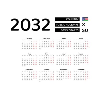 Güney Sudan bayramları ile 2032 İngilizce takvimi. Hafta pazar günü başlıyor. Grafik tasarım vektör çizimi.