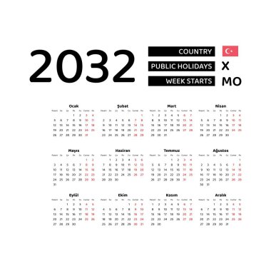 Takvim 2032 Türkiye dili veya Türkiye resmi bayramları. Hafta pazartesiden itibaren başlıyor. Grafik tasarım vektör çizimi.