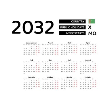 Türkmenistan resmi bayramlarıyla 2032 Türkmen dili takvimi. Hafta pazartesiden itibaren başlıyor. Grafik tasarım vektör çizimi.