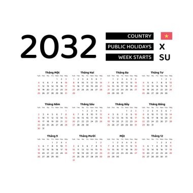 Vietnam bayramları olan 2032 Vietnam dili takvimi. Hafta pazar günü başlıyor. Grafik tasarım vektör çizimi.