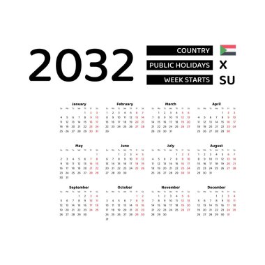 Sudan bayramları ile 2032 İngilizce takvimi. Hafta pazar günü başlıyor. Grafik tasarım vektör çizimi.