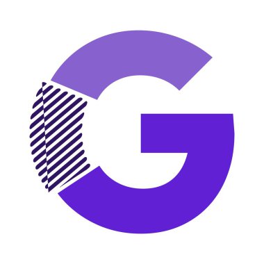 Mor tonlarında stilize edilmiş bir G harfi. Eğrinin bir kısmı köşegen siyah ve beyaz çizgiler içerir, modern, segmentli bir dizayn yaratır..