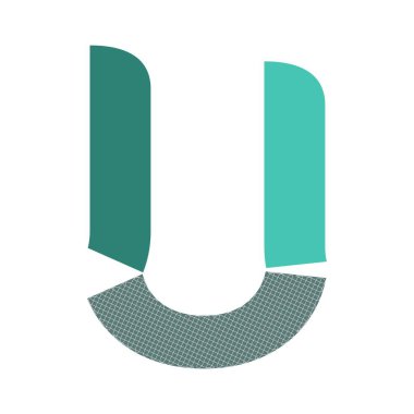 Sol kolunda deniz mavisi, sağ kolunda turkuaz bir U harfi. Kıvrımlı gri mavi ızgara tabanı oluşturur.