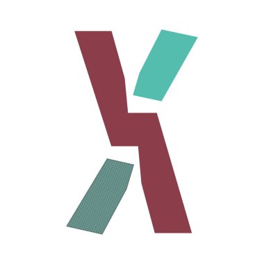 Kestane rengi gövdesi olan stilize bir X harfi. Teal üst kolu vurguluyor ve alt kolu dolduran dokulu gri mavi bir ızgara var..