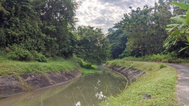 Beton kenarlı insan yapımı su kanalları, yemyeşil çimenler ve bulutlu gökyüzünün altında yoğun tropikal ağaçlarla çevrili. Asfalt yol onun yanında uzanıyor. Sangiran Müzesinin güneyinde..