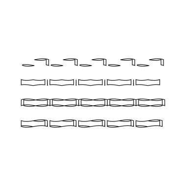 Dört sıra soyut, birbirine bağlı geometrik şekiller içeren siyah ve beyaz bir çizgi sanat resmi, kavisler, dikdörtgenler ve silindirik biçimler.