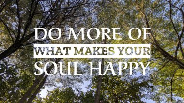 İlham verici bir alıntı, beyaz metinde ruhunuzu mutlu eden şeyin daha fazlası parlak bir gökyüzüne karşı yemyeşil ağaç gölgelerinin sakin, alçak açılı görüntüsüyle örtülmüş..