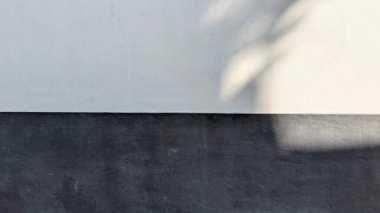 Açık renkli bir duvarın, keskin bir yatay çizgi ile ikiye bölünmüş karanlık bir zeminle buluşup soyut şekiller yaratan şeffaf, minimalist bir kompozisyonu..