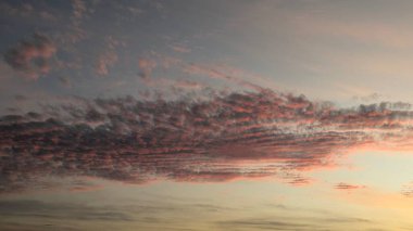 Pembe ve turuncu renklerle renklendirilmiş uzun desenli bulutlu canlı bir şafak gökyüzü. Yatay ışık bantları dramatik ve güzel bir alacakaranlık sahnesi yaratır..