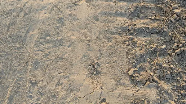 Kurumuş toprak, ince toz ve küçük toprak kütleleri çatlak belirtileri gösteriyor. Daha sert, daha büyük toprak parçaları ve kuru bitki örtüsü sağ tarafta görülebilir. Toprak açık, tozlu kahverengi..