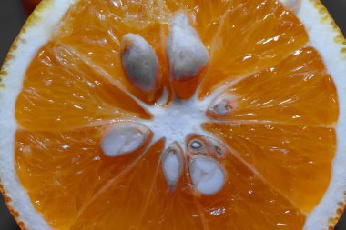 Portakal meyvesinin içeriğinin makro çekimi yarıya bölünmüş, böylece tohumlar ortaya çıkıyor.