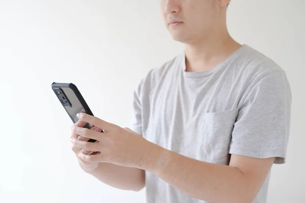 Medium Shot Partial Face Young Asian Man Who Wears Grey — Stock Photo, Image