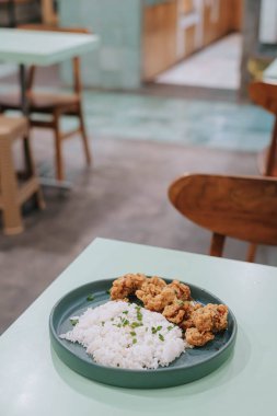 Bir tabak kızarmış tavuğun portresi ya da dikey ve seçici odak noktası, izole edilmiş yeşil pastel arka planda pilav ile.