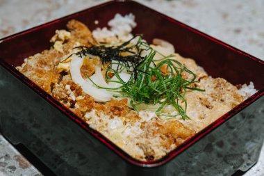 Dikdörtgen tabakta pirinçli Katsu. Japon yemeği. Seçici odak.