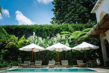 Bereketli yeşilliklerle çevrili lüks tropikal açık havuz ve ahşap kazıklı üç beyaz şemsiyeli açık mavi gökyüzü, altındaki şezlonglara gölge sağlıyor..