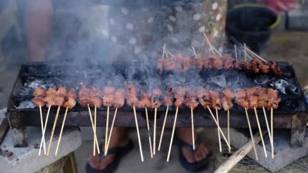 Satay Grilled Hot Coals Produces Smoke Bokeh Background Slow Motion — Stock Video