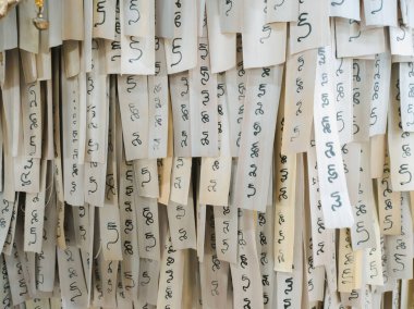 Dikey kağıt şeritleri bir sızıntının vücuduna geleneksel Bali dilini yazar. Yakın çekim..