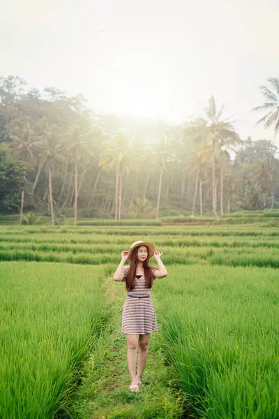 Pamotan, Malang, Doğu Java, Endonezya 'da dingin yeşil pirinç tarlalarında yürüyen genç kadın altın güneş ışığı altında hasır bir şapka takıyor..
