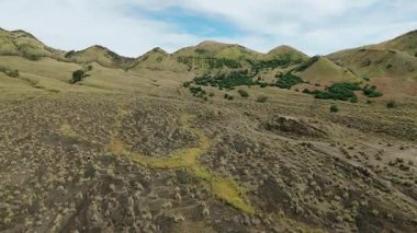 Bromo Dağı, Doğu Java, Endonezya yakınlarında erozyon desenli yeşil ve kahverengi savana tepeleri.