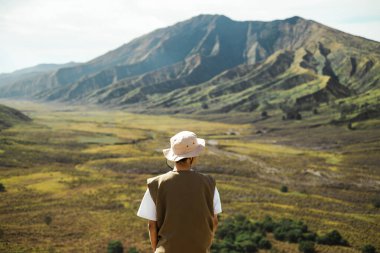 Doğu Cava, Endonezya 'daki Bromo' da güneşli, yeşil geniş bir vadiye hayran olan bir Güneydoğu Asyalı erkek yürüyüşçünün arka görüntüsü. Seyahat blogları, doğa ve macera temaları için mükemmel.