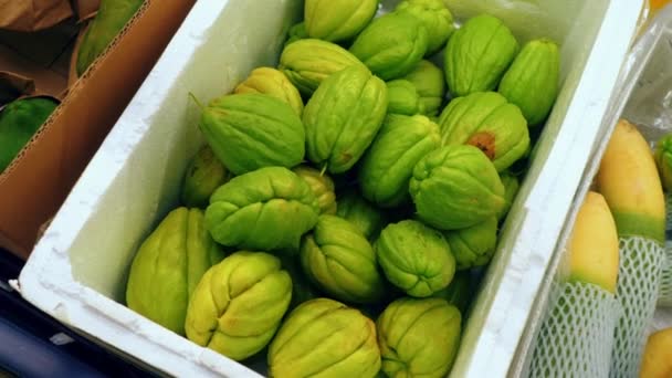 Asya Pazarında Köpük Kutusunda Yeşil Olgun Mango Meyvesi — Stok video