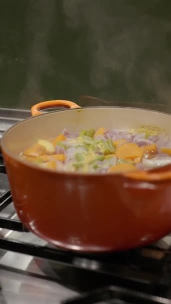 用煤气炉把新鲜的土豆 豆子和洋葱放在橙子锅里烹调 — 图库视频影像