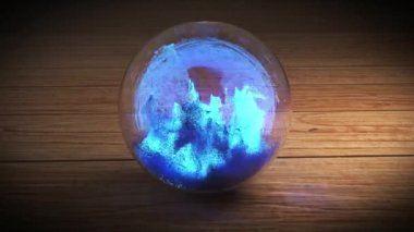 3d render of fluid particles inside a glass ball sphere on wooden table.