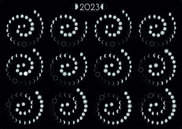 Календар Місяця 2023 Північна Півкуля Спіралей Чорні — стоковий вектор