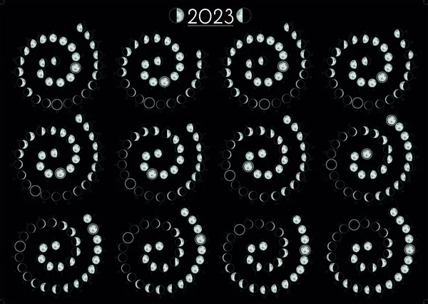 Календар Місяця 2023 Південна Півкуля Спіралей Чорні — стоковий вектор