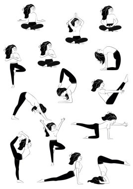 Yoga vektörleri siyah & beyaz olarak ayarlandı