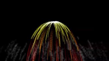 Gece gökyüzünde bokeh ışıkları olan gerçek altın sarısı havai fişeklerin soyut bulanıklığı. Parlak havai fişek gösterisi. Yeni yıl arifesi havai fişek kutlaması.