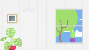 Modern iç mekan güzel rahat mobilyalar ve geceleri insan yok. Çağdaş konaklama ve modaya uygun tasarım konsepti, günlük hareket grafik animasyon video 4k çözünürlüğü.