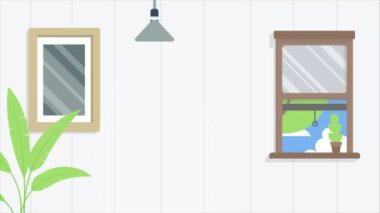 Modern iç mekan güzel rahat mobilyalar ve geceleri insan yok. Çağdaş konaklama ve modaya uygun tasarım konsepti, günlük hareket grafik animasyon video 4k çözünürlüğü.