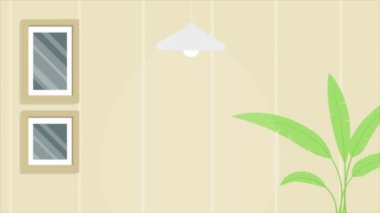 Modern iç mekan güzel rahat mobilyalar ve geceleri insan yok. Çağdaş konaklama ve modaya uygun tasarım konsepti, günlük hareket grafik animasyon video 4k çözünürlüğü.