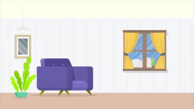 Modern iç mekan güzel rahat mobilyalar ve geceleri insan yok. Çağdaş konaklama ve modaya uygun tasarım konsepti, günlük hareket grafik animasyon video 4k çözünürlüğü.