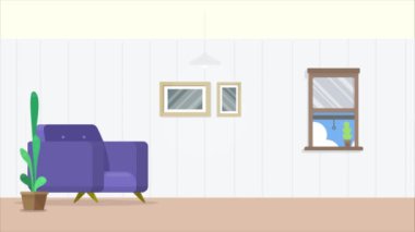 Modern iç mekan güzel rahat mobilyalar ve geceleri insan yok. Çağdaş konaklama ve modaya uygun tasarım konsepti, günlük hareket grafik animasyon video 4k çözünürlüğü.