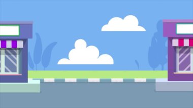 Güzel, serin ve modern bir şehirde, bahçeleri ve yeşil ağaçları olan binalar, kusursuz döngü animasyonu.