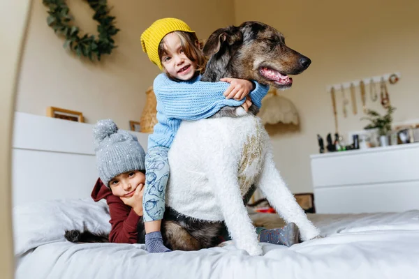 Двое Детей Теплой Одежде Обнимают Свою Собаку Сидящую Кровати — стоковое фото